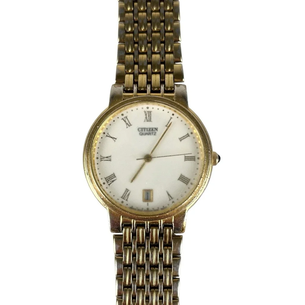 Vintage Citizen Quartz Gold Tone Watch Roman Numeral Date Classic Dress